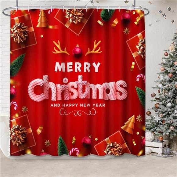 4 Pcs Merry Christmas Bathroom Sets with Shower Curtain and Rugs and Accessories - Picture 3 of 6
